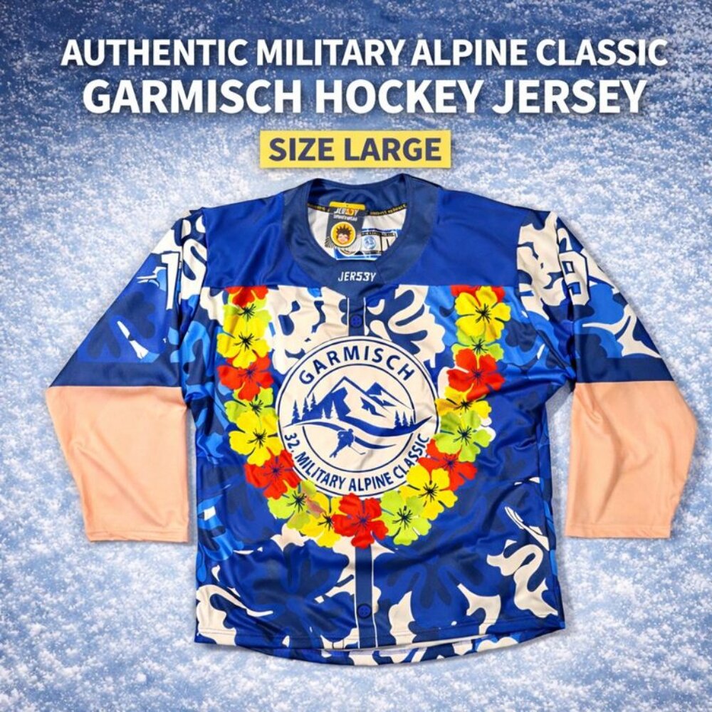 Garmisch Military Alpine Classic Hockey Jersey Size L Blue Camo Floral